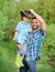 Growing cute cowboy. Weekend at farm. Little boy and father in nature background. Spirit of adventures. Little helper in