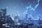 Growing forex chart and dot map on blue night city wallpaper. Investment, stock market and financial success.