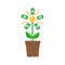 Growing paper money tree shining coin with dollar sign Plant in the pot. Financial growth concept. Successful business icon. Flat