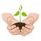 Growing plant in handful soil in hands. Comic style grow business concept web infographics. vector illustration.