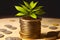 Growing plant on a stack of coins black background generated by ai