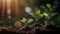 Growing plants on coins stacked on green blurred backgrounds and natural light with financial ideas. Generative ai