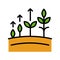 Growing tree seed with green leaves. Young sprouts rising from good fertilized soil. Growth stages. Modern style color vector