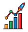 Growth chart cartoon vector concept.Cute color bar graph with launch rocket illustration on white background.