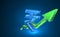 Growth green arrow, India Rupee currency sign, digital neon 3d illustration. Polygonal Vector business, success, data