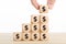 Growth, savings, wealth or richness concept. Hand holding a wooden block and blocks stacked with dollar symbol