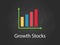 Growth stocks chart illustration with colourful bar, white text and black background