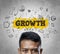 Growth Text. Head of Asian Businessman Thinking Business Sketch Concept Background