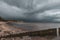 Groynes on the beach of the Baltic Sea and the sky is dramatically cloudy