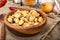 Grude soybean stew on the background of wooden boards