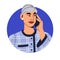 Grumpy business woman speaking on mobile during phone call, head avatar. Annoying unpleasant female character, irritated