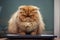 Grumpy cat with long hair sitting on electric device. Generative AI