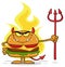 Grumpy Devil Burger Cartoon Character Holding A Trident Over Flames