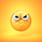 Grumpy emoji isolated on yellow background, frowned emoticon 3d rendering