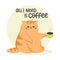 Grumpy  fummy ginger  cat with a cup of coffee. All I need is coffee quote