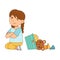 Grumpy Girl Sitting on the Floor with Toys and Folded Arms Grizzling Vector Illustration