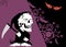 Grumpy little chubby grim skull skeleton cartoon halloween background