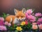 a grumpy little fox searching for food while sitting on the flower garden