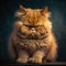 A grumpy looking ginger cat sitting on a brown surface. Dark blue background. Created with Generative AI