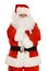 Grumpy Santa Claus in traditional suit, arm crossed