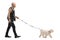 Grumpy senior man in leather vest walking a maltese poodle dog