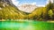 Gruner See, Austria Peaceful mountain view with famous green lake in Styria. Turquoise green color of water. Travel