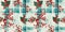 Grunge americana Christmas holly red blue white cottage style seamless border. Festive distress cloth effect for cozy