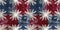 Grunge americana Christmas snowflake red blue white cottage style seamless border. Festive distress cloth effect for