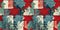 Grunge americana Christmas snowflake red blue white cottage style seamless border. Festive distress cloth effect for