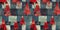 Grunge americana Christmas tree red blue white cottage style seamless border. Festive grunge distress cloth effect for