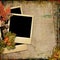 Grunge background with old postcards and autumn leaves