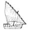 Grunge black and white vector sketch of a sailboat isolated on white background. Rough linear freehand drawing of a single sail