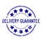 Grunge blue delivery guarantee word with star icon round rubber stamp on white background