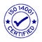 Grunge blue ISO 14001 certified with mark icon round rubber stamp on white background