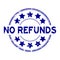 Grunge blue no refunds word with star icon rubber stamp on white background