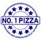 Grunge blue number one pizza with star icon round rubber stamp on white background