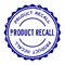 Grunge blue product recall word round rubber stamp on white background