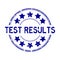 Grunge blue test results word with star icon rubber stamp on white background