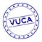 Grunge blue vuca abbreviation of Volatility, uncertainty, complexity and ambiguity word round rubber stamp on white