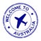 Grunge blue welcome to Australia word with airplane icon round rubber stamp on white background