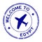 Grunge blue welcome to Egypt word with airplane icon round rubber stamp on white background