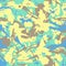 Grunge camouflage seamless pattern, blue and yellow monochrome. Urban fashion clothing style masking camo repeat print.