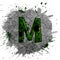 Grunge cracked stone ink splash letter M, isolated design element, deep green alphabet
