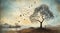 Grunge fantasy landscape with birds flying towards a lone tree. Surrealist illustration.