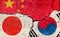 Grunge flags illustration of three countries with conflict and political problems cracked concrete background | China, Japan and