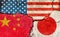 Grunge flags illustration of three countries with conflict and political problems cracked concrete background / China, USA and