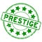 Grunge green prestige with star icon round rubber stamp on white background