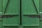 Grunge green wooden door with forged hinges close up.