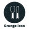 Grunge Knife and spoon icon isolated on white background. Cooking utensil. Cutlery sign. Monochrome vintage drawing