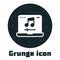 Grunge Laptop with music note symbol on screen icon isolated on white background. Monochrome vintage drawing. Vector